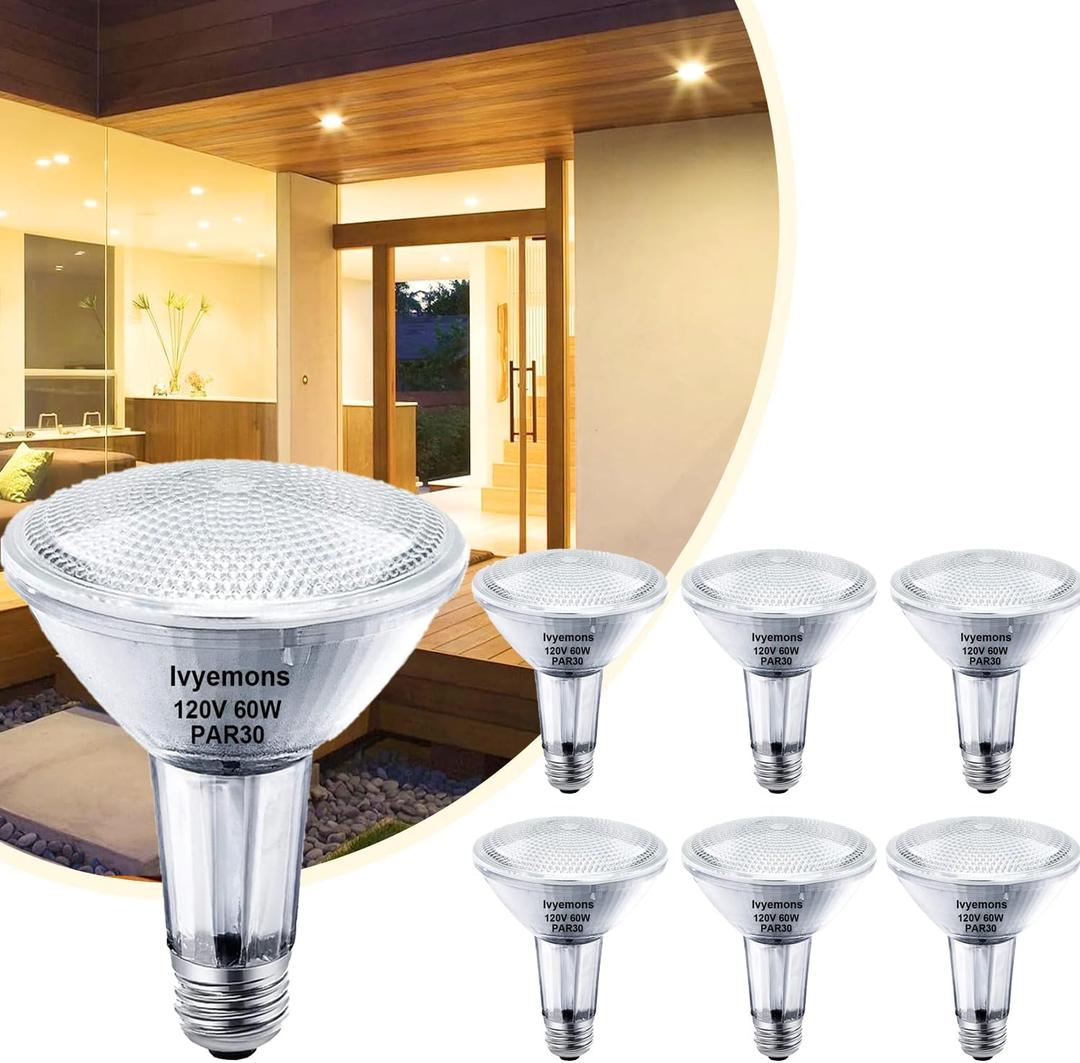 PAR30 Long Neck Halogen, 60W - 6 Pack PAR30 Flood Light Bulbs E26 Base, PAR 30 Dimmable 2800K Warm White, Long Lasting PAR 30 Halogen Bulb for Accent Lighting, Tracking Light, Recessed Lights 