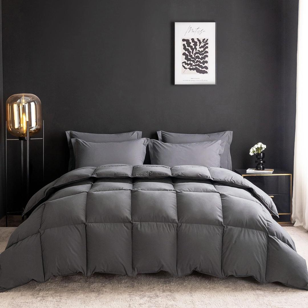 Feather Down Comforter Full/Queen Size,Hotel Style Bedding Comforter,750+ Fill Power,1200TC,100% Organic Cotton Fabric,All Season Grey Duvet Insert with 8 Corner Tabs (Queen(90x90inches), Solid Grey)