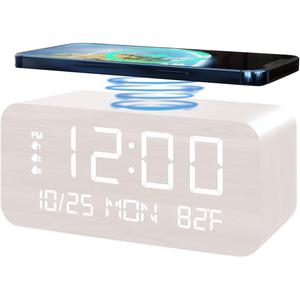 Digital Alarm Clock, with Wooden Electronic LED Time Display, 3 Alarm Settings, Humidity & Temperature Detect, Wood Made Electric Clocks for Bedroom, Bedside, Desk (White-Wireless)