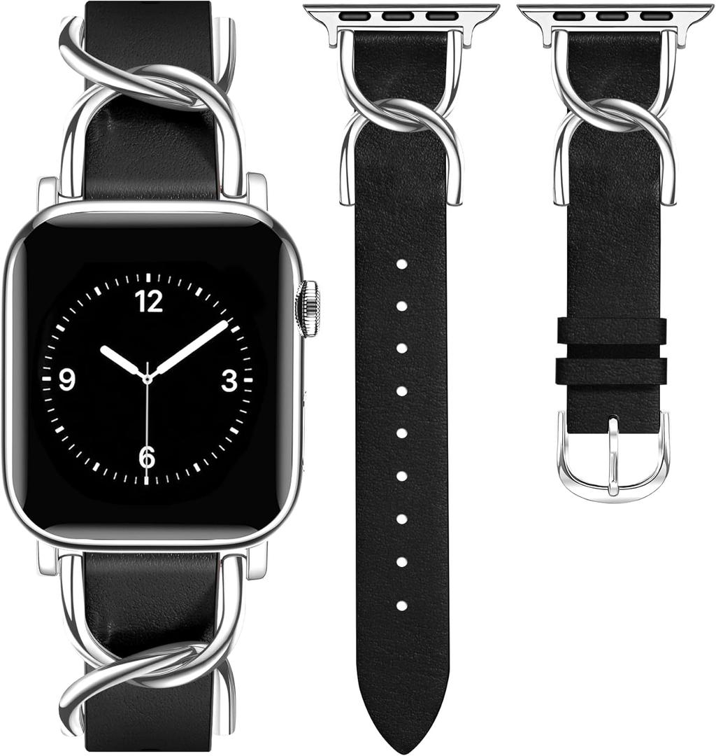 JR.DM Designer Leather Bands for Women,Dressy Fancy Cute Strap with Double U-Shaped Buckle Watch Bands for iwatch Compatible with Apple Watch Series 11/10/9/8/7/6/5/4/3/2/1 Ultra 1/2/3 SE 1/2/3 (A1 Black/Silver)
