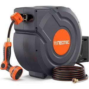 Upgraded Retractable Garden Hose Reel 1/2 inch x 130 ft 9 Pattern Nozzle Wall-Mounted Any Length Lock Automatic Slow Return 180 Swivel UV Resistant Heavy Duty Hose Reels for Outside