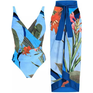 IMEKIS Women 2 Pieces Beach Swimsuit Floral Print Tropical Bikini Swimsuit with Cover up Wrap Skirt Bathing Suits (Small, Black + White)