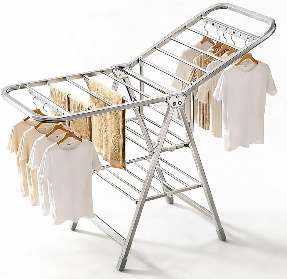 Stainless Steel Foldable Clothes Drying Rack with Adjustable Wings, Windproof Holes & Wheels | Heavy Duty 132 lb Load Capacity | Space-Saving Laundry Rack for Indoor & Outdoor Use, Medium