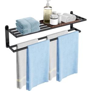 Double Towel Racks for Bathroom, Towel Shelf with Double Towel Bar 32 inch, Towel Rack with Shelf for Bathroom, Stainless Steel Towel Holder Wall Mounted, Towel Storage for Bathroom Lavatory Black