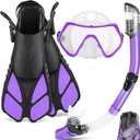 ZEEPORTE Mask Fin Snorkel Set, Travel Size Snorkeling Gear for Adults with Panoramic View Anti-Fog Mask, Trek Fins, Dry Top Snorkel and Gear Bag for Swimming Training, Snorkeling Kit Diving Packages (S/M, Purple)