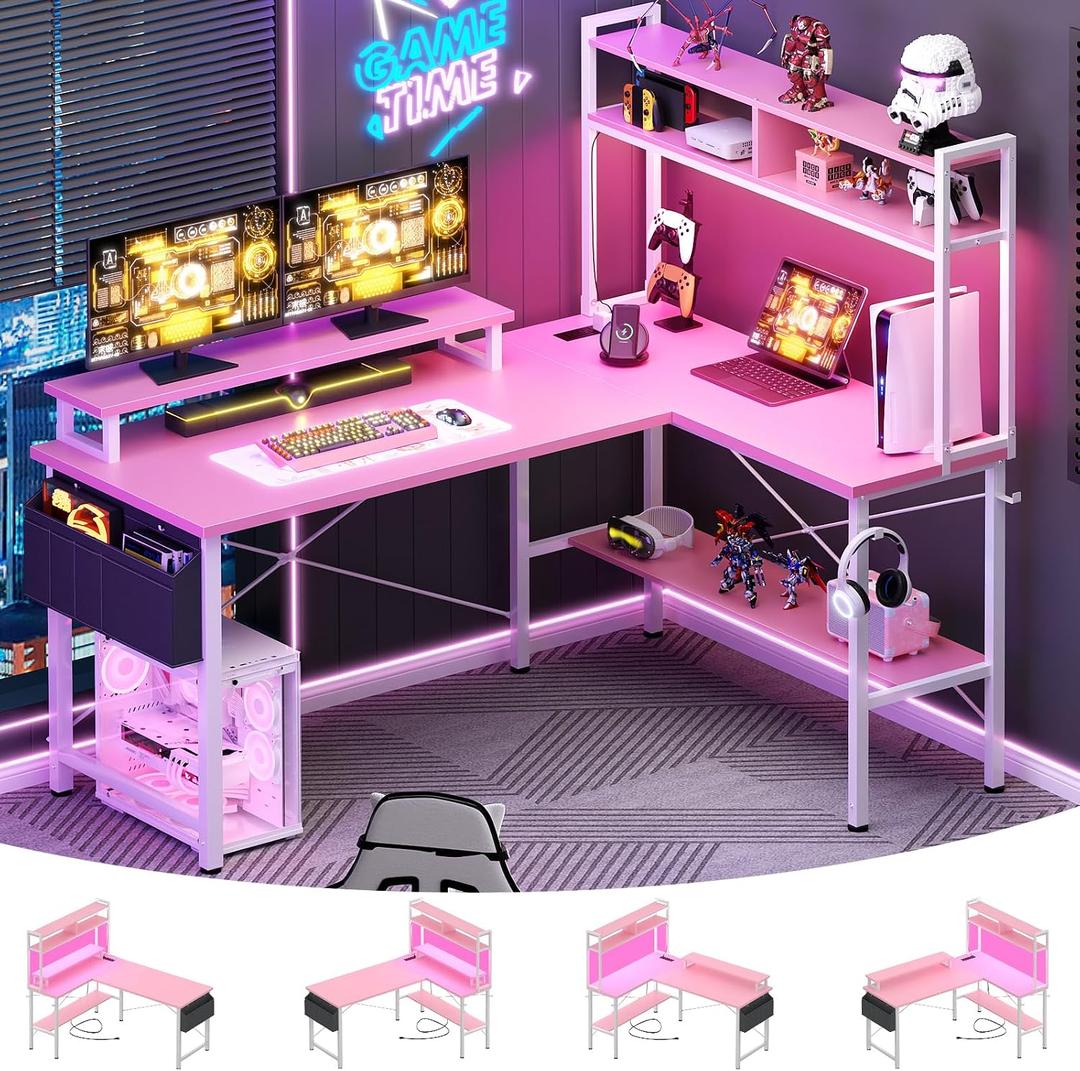 Aheaplus L Shaped Gaming Desk with Power Outlets & LED Lights, Small L- Shaped Desk Computer Corner Desk with Monitor Stand & Storage Shelf, Home Office Desk Writing Desk with Storage Bag, Pink, 49Inch