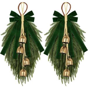 2 Pack 20" Christmas Teardrop Swag with Green Bow Norfolk Pine Door Decor