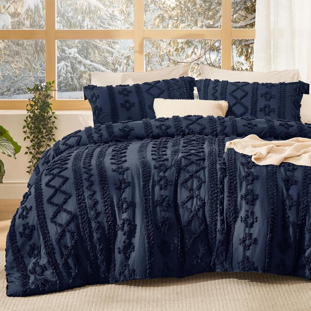 Bedsure Tufted Boho Comforter Set King Size - Navy Boho Bed Set, GentleSoft 3 Pieces Farmhouse Shabby Chic Embroidery Bedding, Gifts for Woman, Soft Jacquard King Comforter for All Seasons (22 - Navy - Elegant)