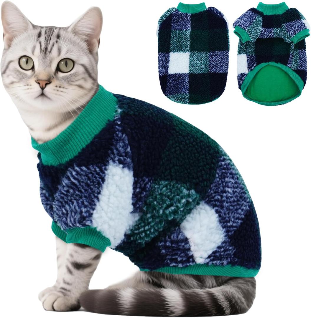 DENTRUN Cat Sweater Winter Clothes - Plush Fleece Coat with Cotton Lining, Anti-Static, Front Legs Kitten Pajamas, Stretch Ribbed Cuffs for Warmth, Cozy Christmas Outfit for Small Medium Large Cats (Green Plaid), L