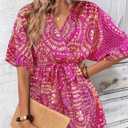 Women's V-Neck Wrap Around Cinched Waist Floral Print Jumpsuit, Suitable For Beach Vacation (Pink, S)