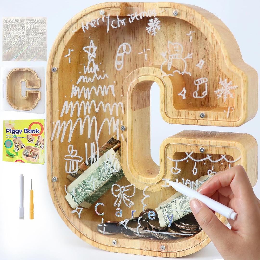 Large Letter Piggy Bank for Kids Boys Girls Wooden Personalized Piggy Banks A-Z with Target Area Clear Alphabet Banknote Coin Banks for Gift Decoration Baptism (C)