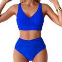 Fanuerg Women High Waisted Bikini Sets V Neck Cross Twist Front Two Piece Swimsuit Tummy Control Bathing Suit Rose Royal Blue M