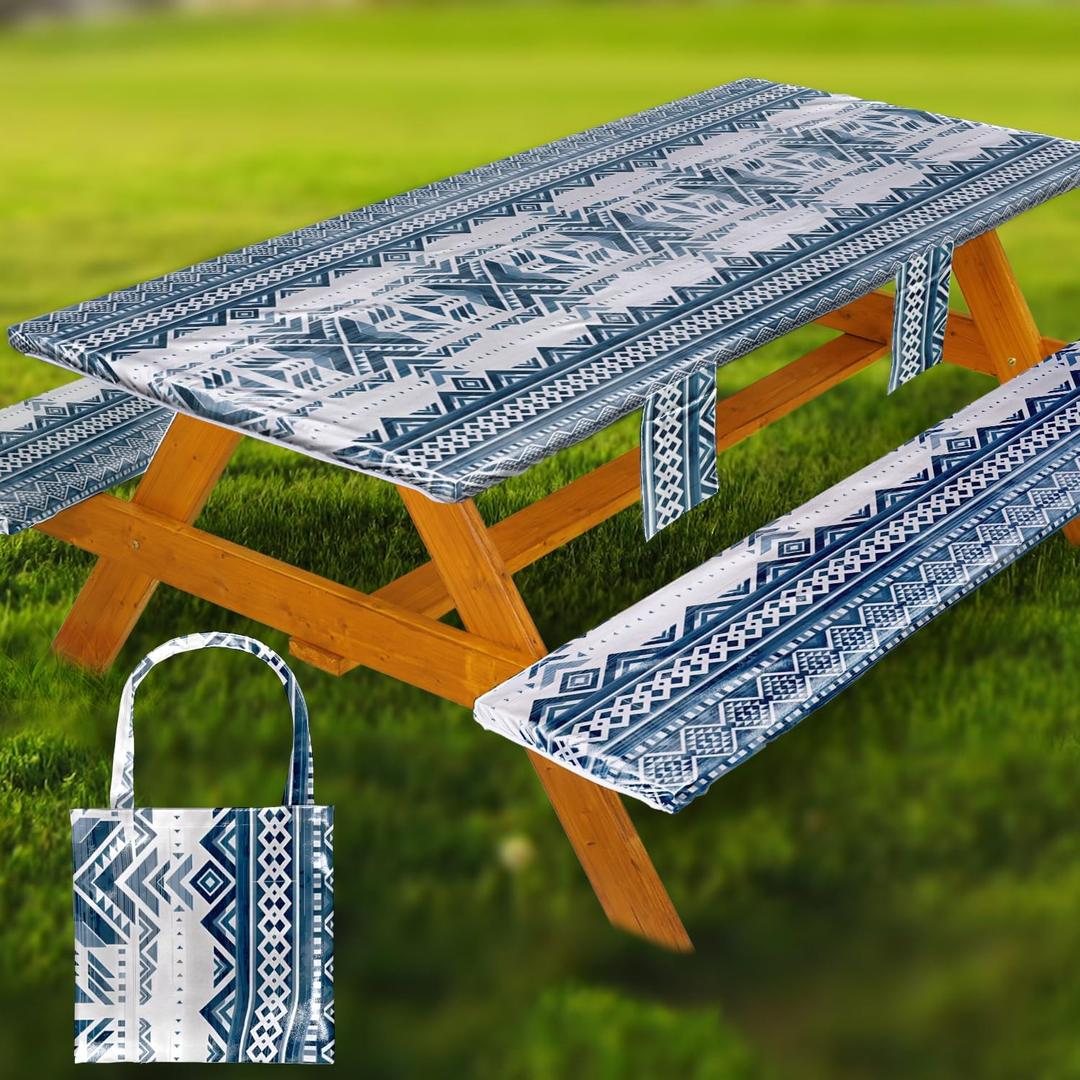 Fitted Picnic Table Cover with Bench Covers Waterproof Elastic Edges Rectangle Patio Tablecloth Outdoor Camping Essentials Stuff Rv Accessories Summer Trip Travel Camper Gifts for Woman Men, 72in 6 ft (72x30in, Blue White Lines)