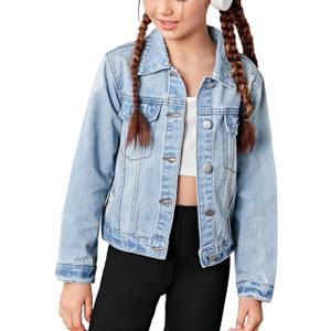 WDIRARA Girl's Ripped Flap Pocket Button Front Long Sleeve Collared Denim Jacket M/L