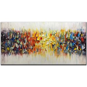 AMEI Art, 24x48Inch Hand Painted Abstract Knife Oil Painting Yellow White Textured Wall Art Colorful Modern Artwork Handmade Acrylic Painting Stretched and Framed Ready to Hang