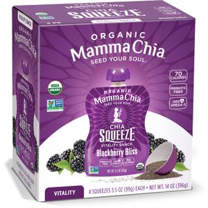 Mamma Chia Organic Vitality Squeeze Snack, Blackberry Bliss, 24- 3.5 Ounce Chia Pouches. USDA Organic, Non-GMO, Vegan, Gluten Free, and Kosher. Fruit and Vegetables with only 70 Calories (EXP 06/21/27)