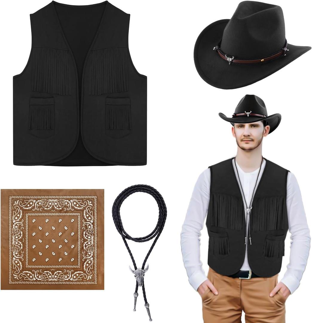 4 Pcs Western Outfits for Men Cowboy Tassel Vest Hat Western Bolo Tie Paisley Bandana for Halloween Cosplay Costume (XX-Large, Black)