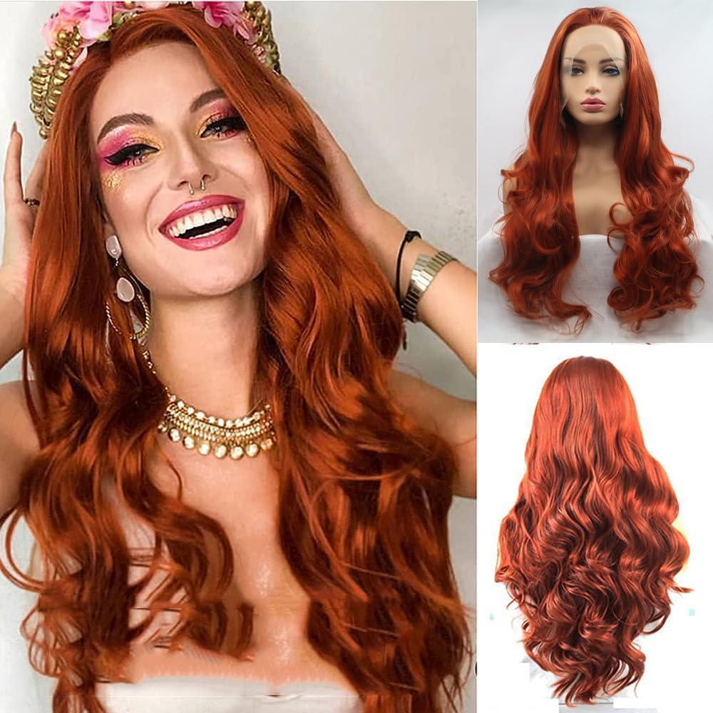 xiweiya Mermaid Copper Red Lace Wig with Synthetic Lace Front 360# Auburn Wigs Cheap 13 * 4 Part Lace Long Wavy Wigs Heat Resistant Fiber Replacement Wig for Women Drag Queen Cosplay 24 inch