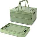 Collapsible Storage Crate, Foldable Plastic Basket with Lid and Handle, Foldable Storage Box Crate Bin for Home Kitchen Office Bathroom Bedroom Pantry (Green, 2-Pack)