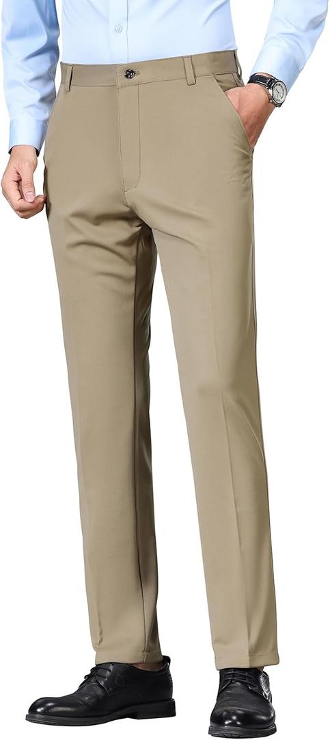 Mylldey Men's Regular Fit Dress Pants Casual Business Flat Front Mens Wrinkle Free Comfort Stretch Pants (Khaki) 34 Regular
