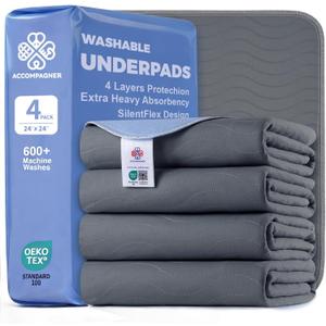 Accompagner Incontinence Bed Pads Washable Waterproof, Ultra-Absorbent Reusable Underpads for Diaper Changing, Nursing, Bedridden, Adults, Seniors, Kids and Dogs (Dark Gray, 24"x24"(Pack of 4))