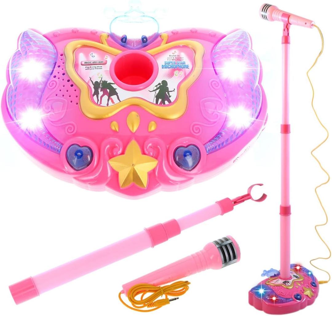Kidplokio Music Karaoke Machine for Kids Microphone Lights Sounds MP3 Player, Pink, Girls Ages 3+
