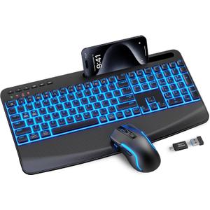 Wireless Keyboard and Mouse Combo,SABLUTE KM25Pro Rechargeable Backlit Ergonomic Keyboard with 4000mAh Battery, Wrist Rest and Phone Holder, Quiet for PC/Mac/Laptop/Windows/Chrome OS