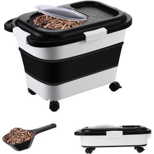 Wood Pellet Storage Containers - 9 Gallon Stay Dry Grill Charcoal Storage Bin with Handle and Locking Lid Foldable Semi-Silicone Outdoor Smoker Pellet Dispenser Bucket with Attachable Casters