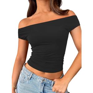 Trendy Queen Off The Shoulder Tops for Women Going Out Y2K Summer Cute Shirts Sexy 2025 Double Lined Spring Club Outfits (Small, Black)