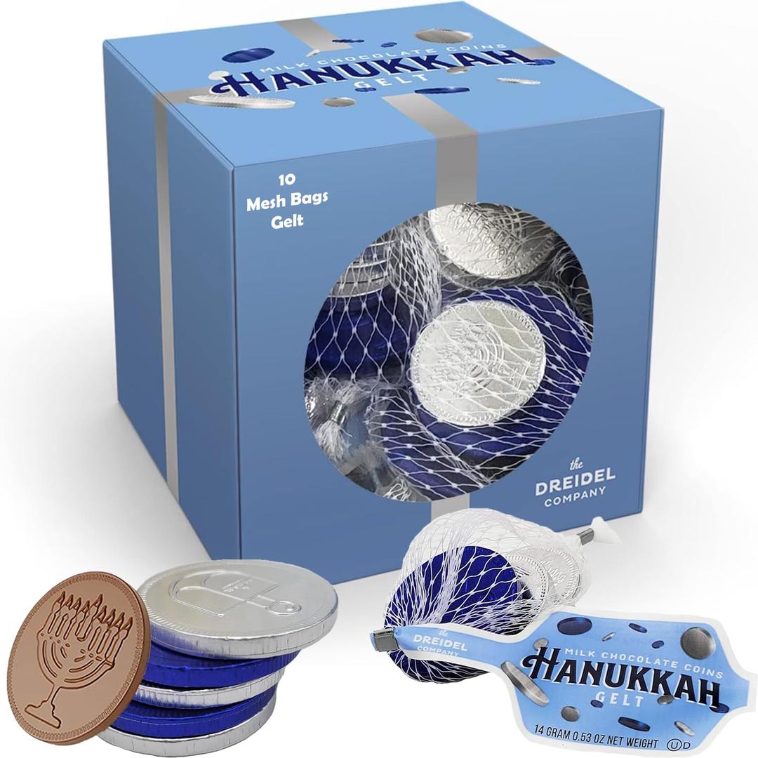 2 x The Dreidel Company 10 Mesh Bags Original Hanukkah Chocolate Gelt Blue & Silver Coins in Mesh Bags, Made with Premium Belgian Milk Chocolate, Gluten Free, Non-GMO, Kosher Certified Dairy (EXP 08/21/28)