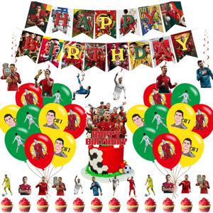 Soccer Star Birthday Party Decoration, Include Happy Birthday Banner, Hanging Swirls, Cake Topper, Latex Balloons, for Soccer CR7 Theme Kids Party Supplies