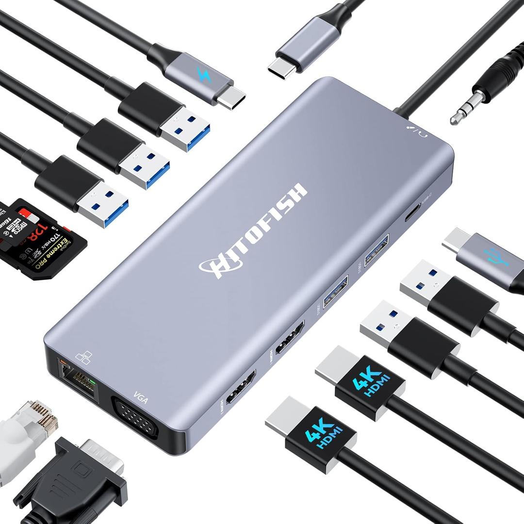 USB C Laptop Docking Station, 14 in 1 Type C Hub Multiport Adapter Dongle with 3 Monitors Compatible for MacBook/Dell/HP/Lenovo Laptops (Dual HDMI, VGA, PD, Ethernet, SD/TF, USB C/A Ports, Mic/Audio) (Grey)