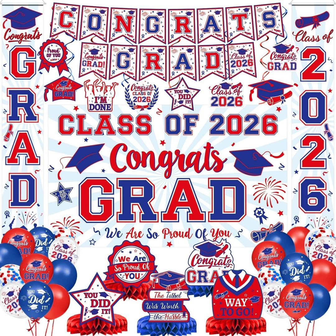 2026 Graduation Decorations - Red and Blue Graduation Decorations Set - Congrats Grad Banner & Backdrop, Porch Sign, Hanging Swirls, Balloons, Honeycomb Centerpieces for Congrats Grad Party Decorations