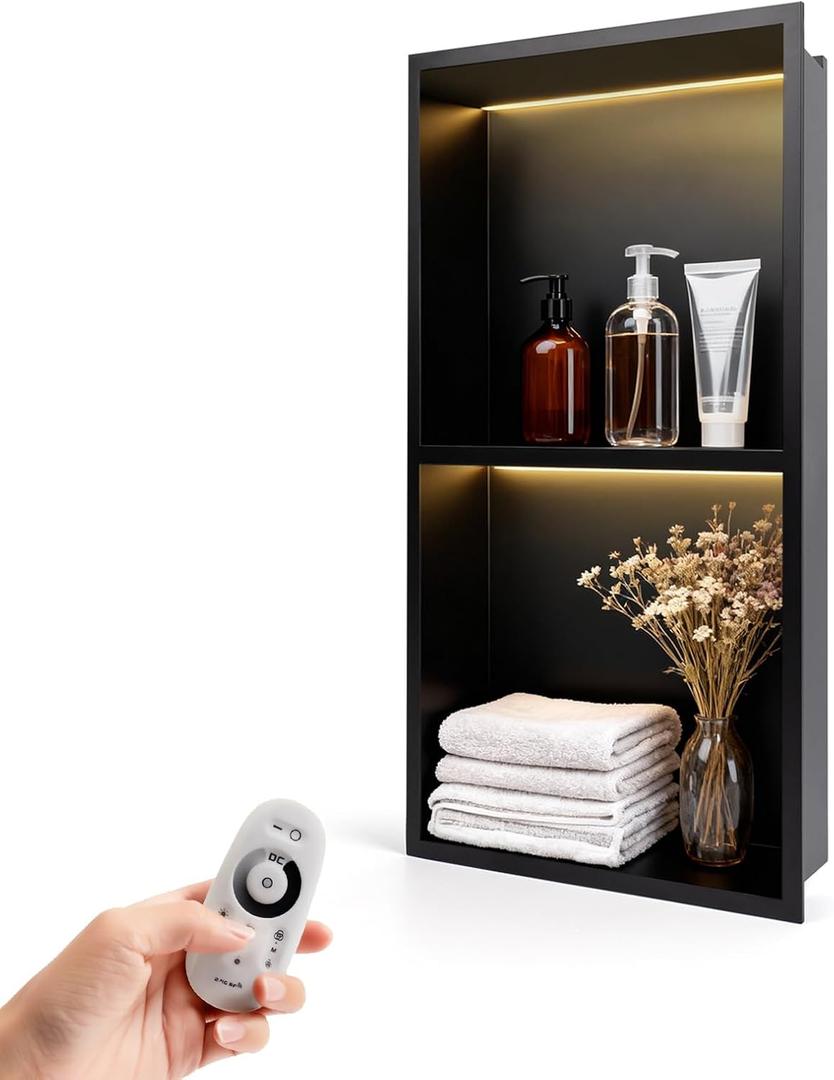 12" X 24" Stainless Steel Shower Niche, LED Shower Niche No Tile Needed with 3000K LED Warm Light Recessed Shower Wall Shelf for Bathroom Storage, with Remote Control, Matte Black