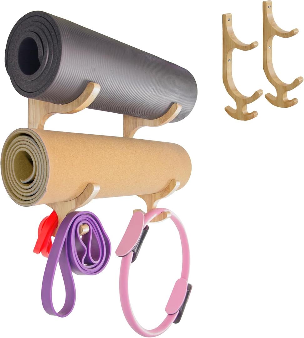 Wooden Yoga Mat Holder Wall Mount - Yoga Mat Storage Rack - Home Gym Equipment Storage & Organizer - Resistance Band Wall Mount - Home Gym Accessories Wall Rack - Workout Storage Organizer