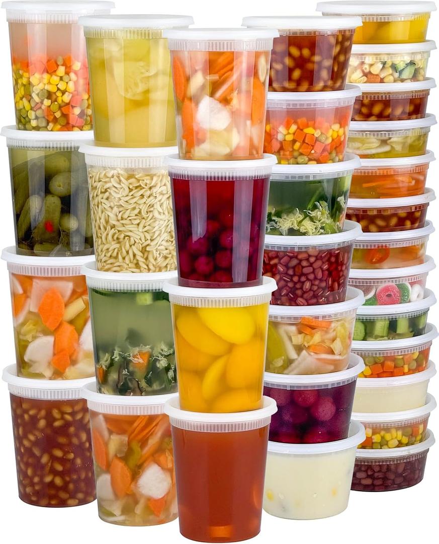 Dipoo 60 Sets (120-Piece) Deli Containers with Lids, 32/16/8 oz X 20 Set Each, Leak-Proof & BPA Free Airtight Takeout Plastic Food Storage Containers for Soup, Freezer/Microwave/Dishwasher Safe