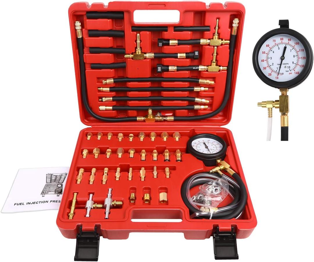 BETOOLL Pro Fuel Injection Pressure Tester Kit Gauge 0-140 PSI with 9.49, 7.89, 6.30 Fuel Line Fittings