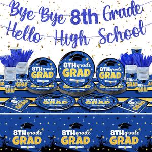 Jingmore 178 Pcs 8th Grade Graduation Party Decoration Supplies 2026 Graduation Party Disposable Dinnerware Serve 25 with Plastic Forks Knives Spoons Paper Plates Napkins Cups Tablecloth Banner(Blue)