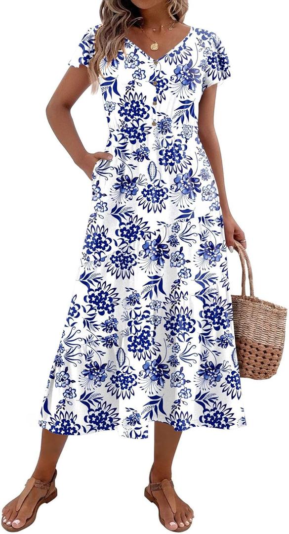 Zeagoo Women's Summer Casual Dress Flutter Short Sleeve V Neck Button Down Tiered Flowy Long Dress with Pockets (Floral-4), L
