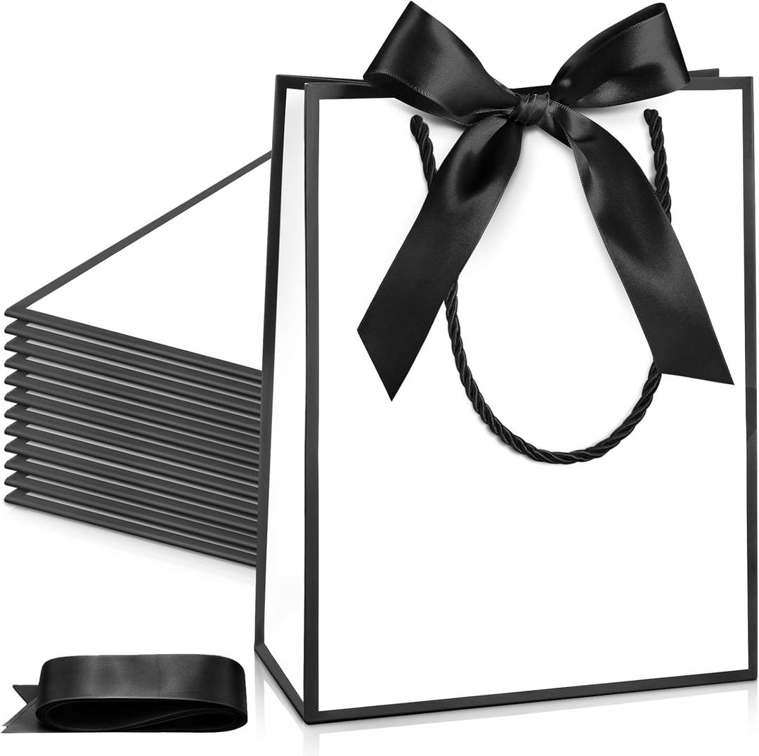 Silkfly 12 Pcs Wedding Paper Gift Bags with Handle 9x7x3.15'' Thank You Gifts Bags with Ribbon Bow Bridal Shower Gifts for Baby Shower Graduation Holiday Birthday Party Supplies (White, Black)
