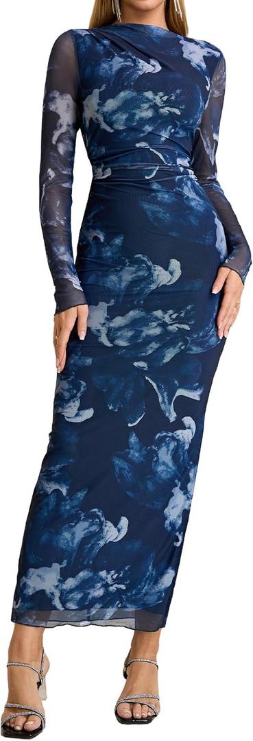 XinFSh Women's Spring Long Sleeve Wedding Guest Maxi Dress Mesh Ruched Bodycon Formal Cocktail Dresses (Blue, M)