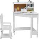 Kids Desk and Chair Set, Wooden Corner Study Table with Bookshelf, Bulletin Board, and Pen Holder, Writing Table for Boys and Girls, White