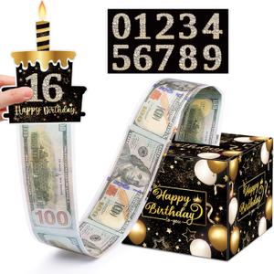 Birthday Money Gift Box with DIY Stickers for Any Age, Surprise Money Boxes for Cash Gift with Pull Out Happy Birthday Day Card and 50Pcs Transparent Bags (1-100)