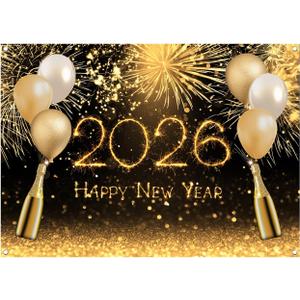 WOLADA 2026 Happy New Year Photography Backdrop Golden Fireworks Balloons Champagne Glitter Background for New Year Eve Party Photo Booth Decor 118.11x82.68 Inches 12389