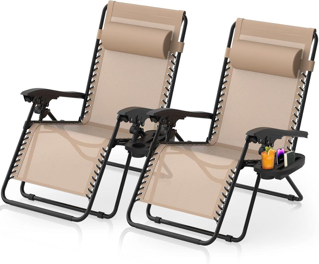 Suteck Zero Gravity Chairs Set of 2, Zero Gravity Lounge Chair w/Upgraded Lock, Big Cup Holder and Pillow, Reclining Patio Chairs Folding Recliner for Indoor and Outdoor, Khaki