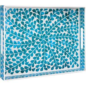 MAONAME Blue Decorative Tray, Plastic Serving Tray with Handles, Leaf Pattern Sticker Trays, Rectangular Trays for Living Room, 15.7" X 10.2" X 1.57"