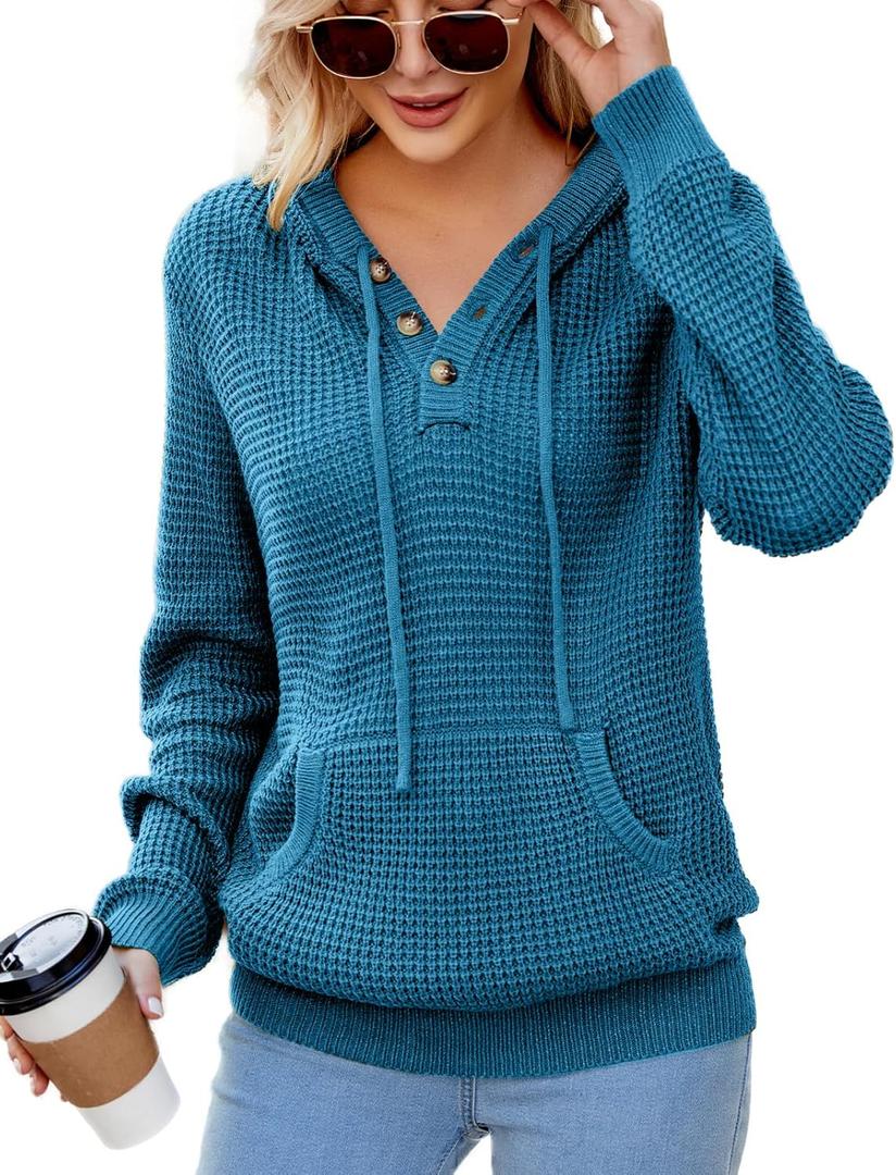 VIMPUNEC 2024 Fall Womens Oversized Hoodies Knit V Neck Sweaters Fashion Casual Pullover Tops (Medium, B Peacock Blue)