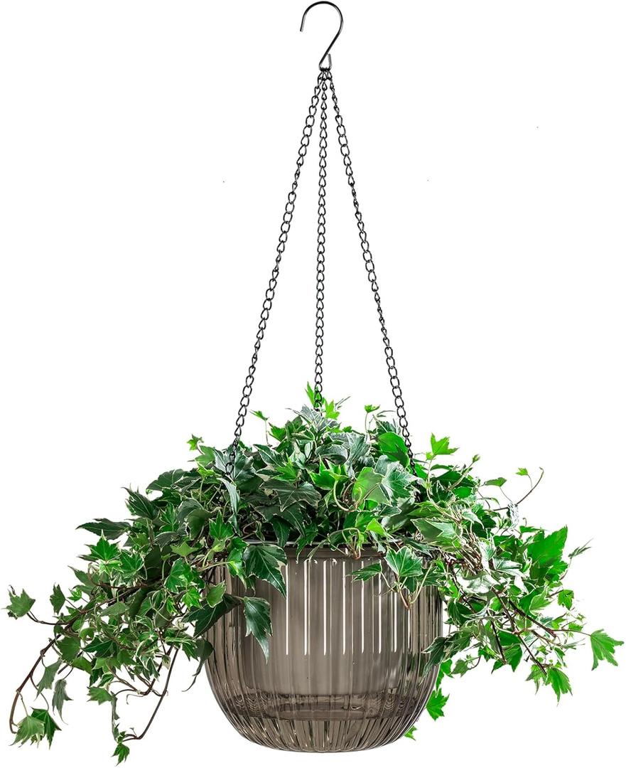 Melphoe 1 Pack Self Watering Hanging Planters Indoor Flower Pots, 8.3 Inch Outdoor Hanging Plant Pot Basket, Plant Hanger with 3Hooks Drainage Holes for Garden Home (Gray)