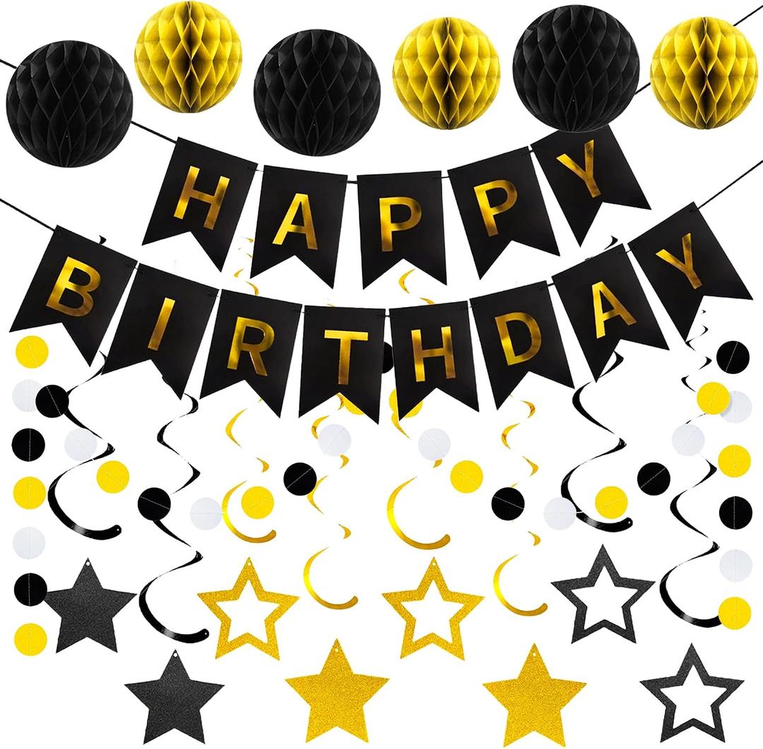 Black Gold Birthday Party Decorations Happy Birthday Banner with Honeycomb Balls Stars Hanging Swirl Streamers Buntings Circle Dots Garland for Birthday Party