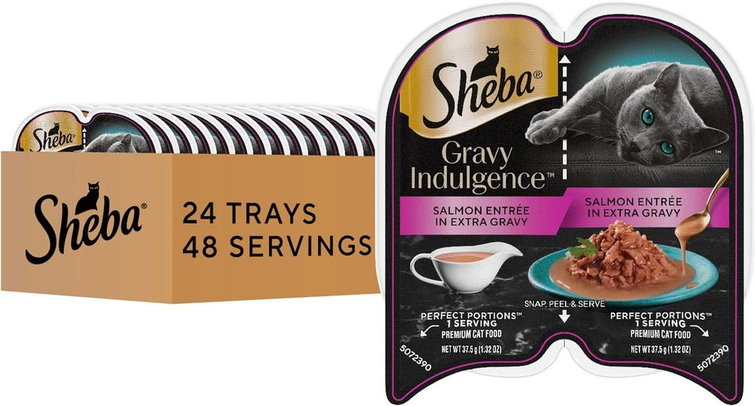 Sheba Gravy Indulgence Adult Wet Cat Food, Wet Food for Cats Salmon Entree in Extra Gravy, 2.6 oz. Twin-Pack Trays (24 Count, 48 Servings) (EXP 05/14/28)